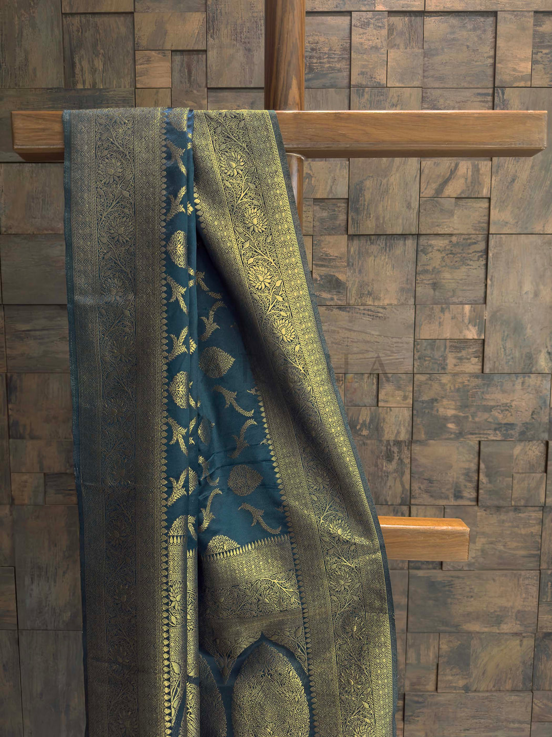 Peacock Blue Golden Zari Banarasi Satin Silk Saree