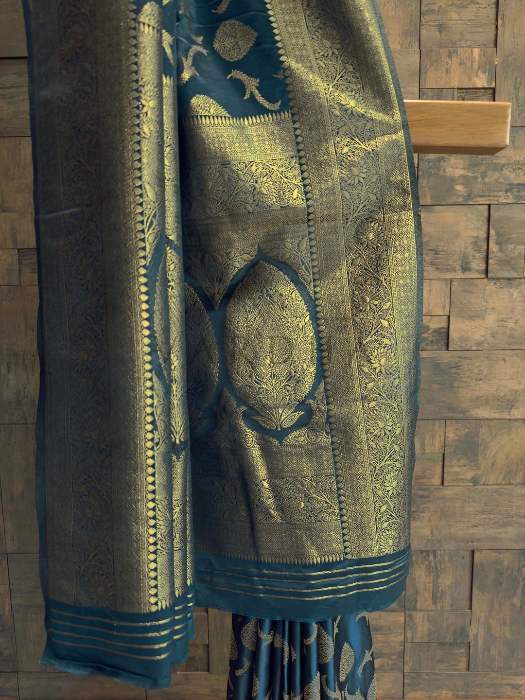 Peacock Blue Golden Zari Banarasi Satin Silk Saree