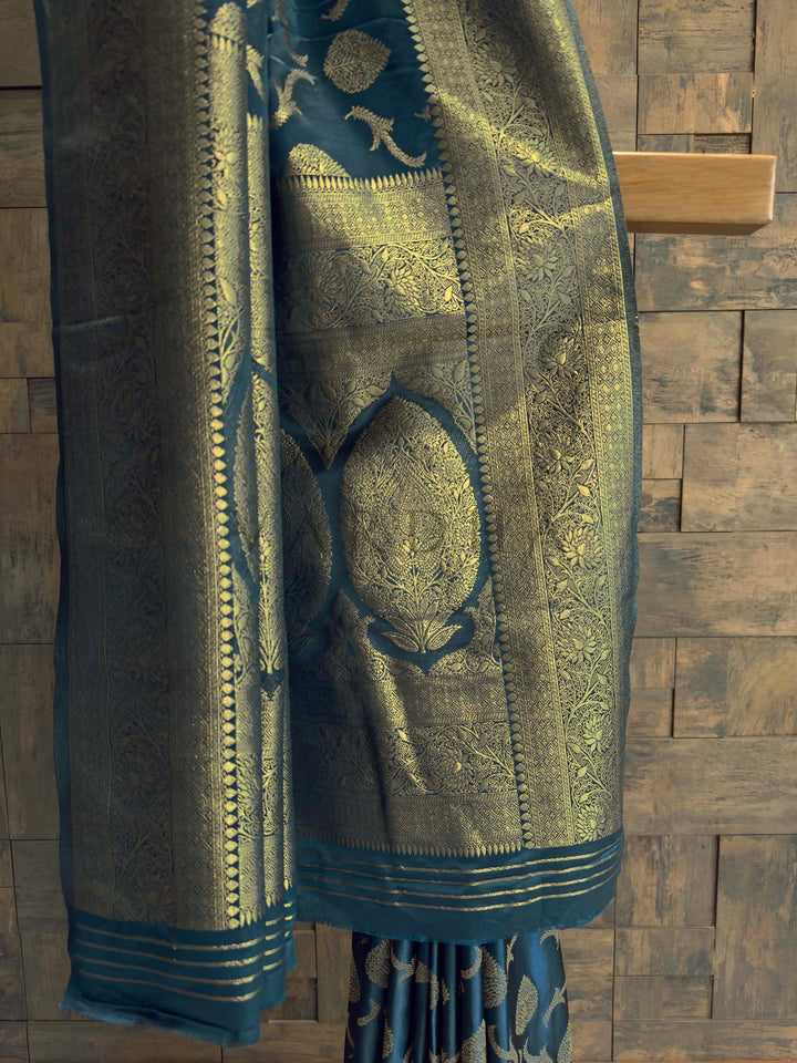Peacock Blue Golden Zari Banarasi Satin Silk Saree
