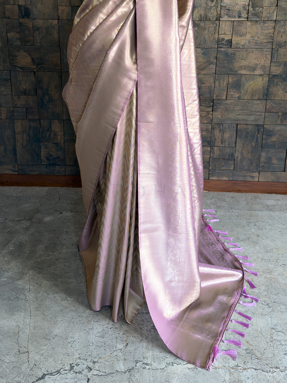 Lilac-Pink Kanjivaram Tissue Silk Saree with Gold Zari Weave