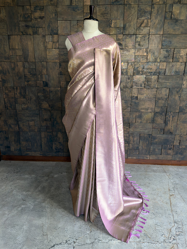 Lilac-Pink Kanjivaram Tissue Silk Saree with Gold Zari Weave