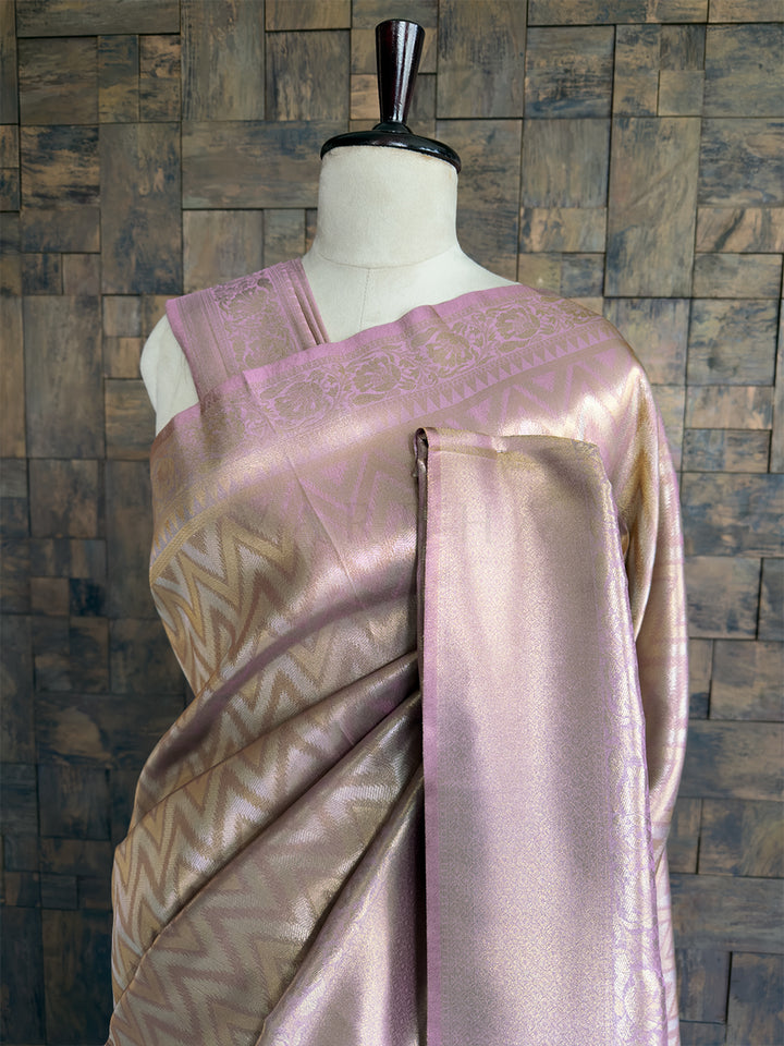 Lilac-Pink Kanjivaram Tissue Silk Saree with Gold Zari Weave