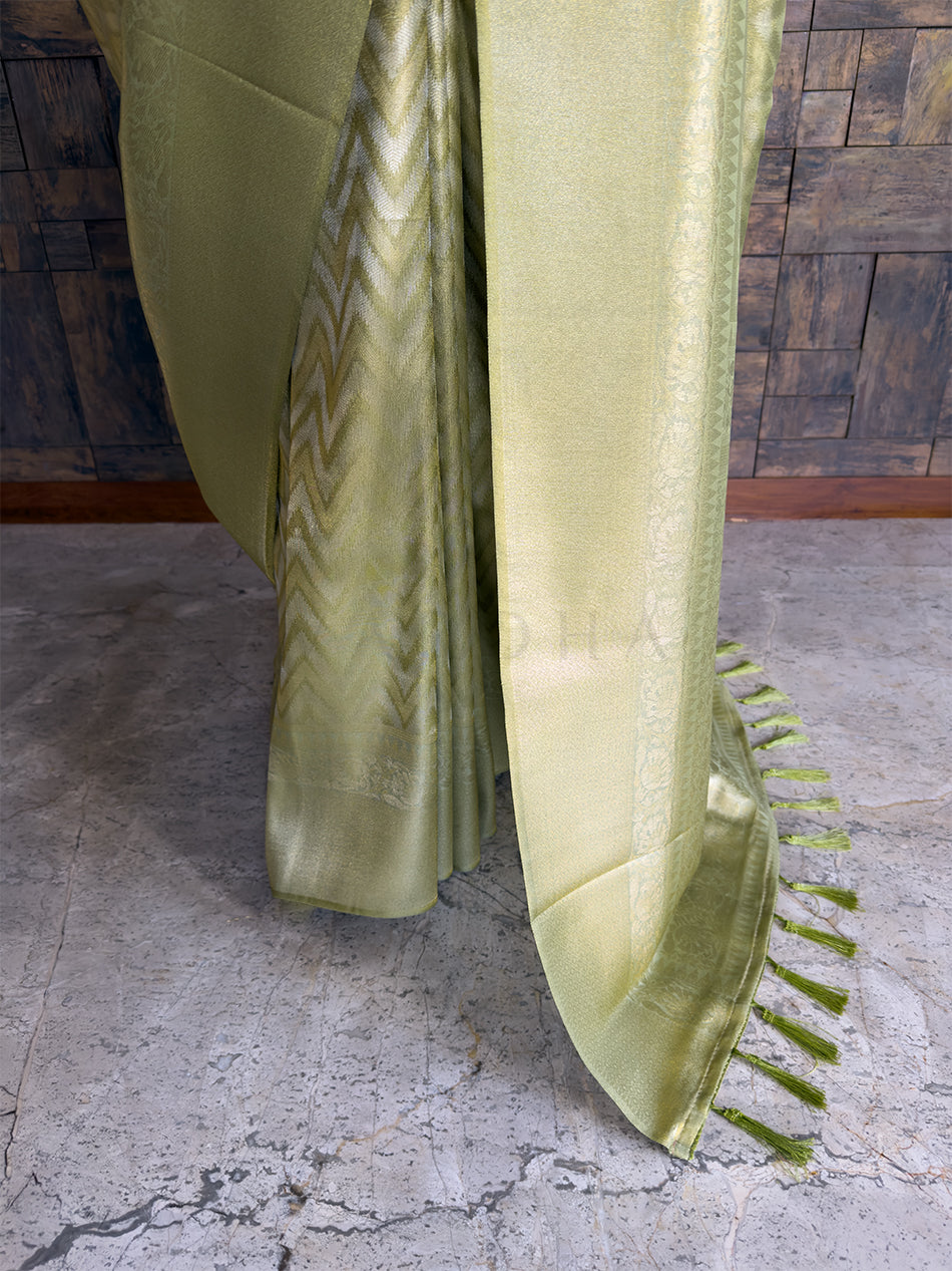 Pista Green Kanjivaram Tissue Silk Saree with Gold Zari Weave