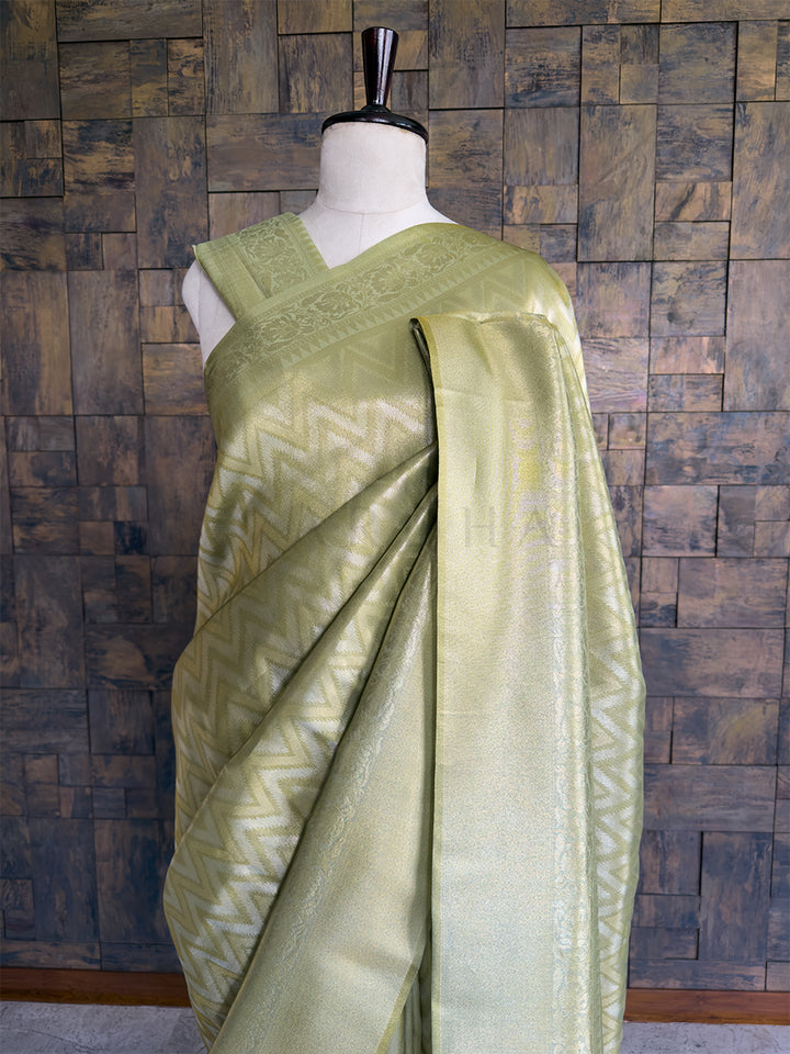 Pista Green Kanjivaram Tissue Silk Saree with Gold Zari Weave