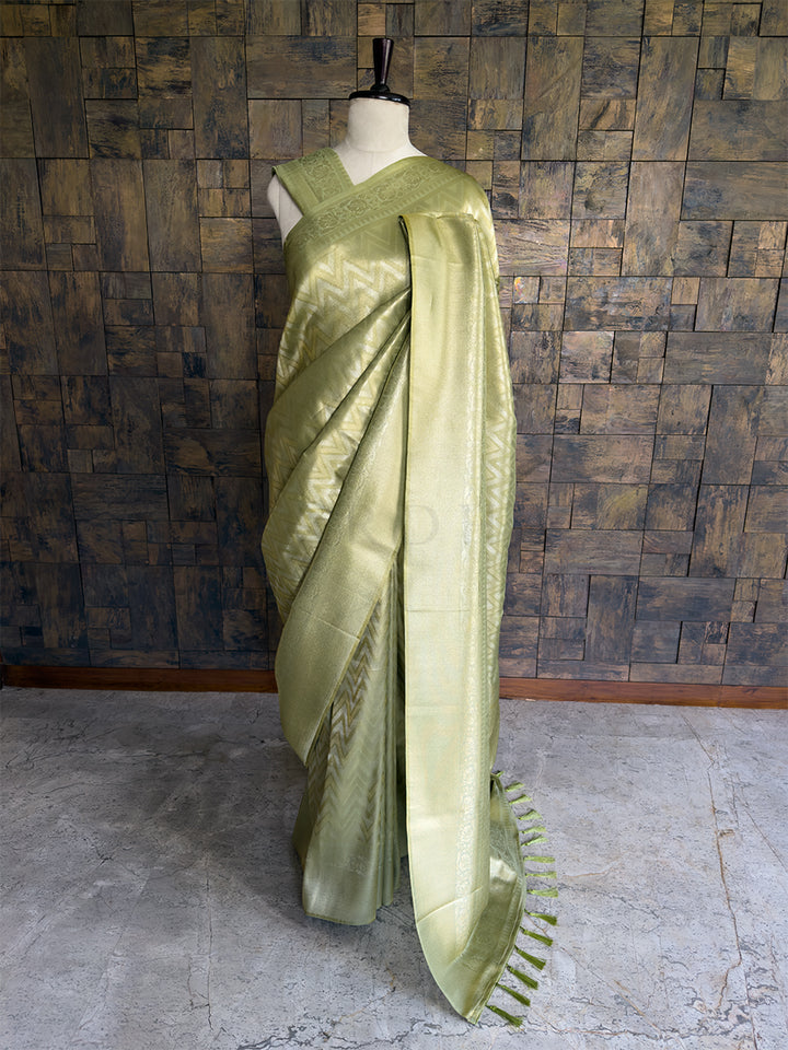 Pista Green Kanjivaram Tissue Silk Saree with Gold Zari Weave