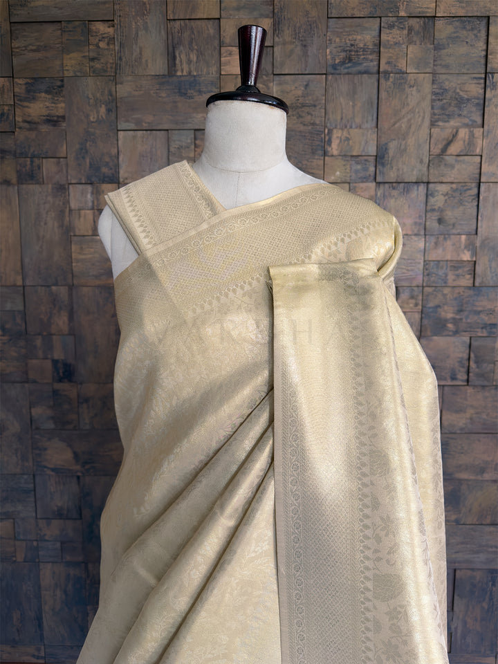 Cream Kanjivaram Tissue Silk Saree with Gold Zari Weave