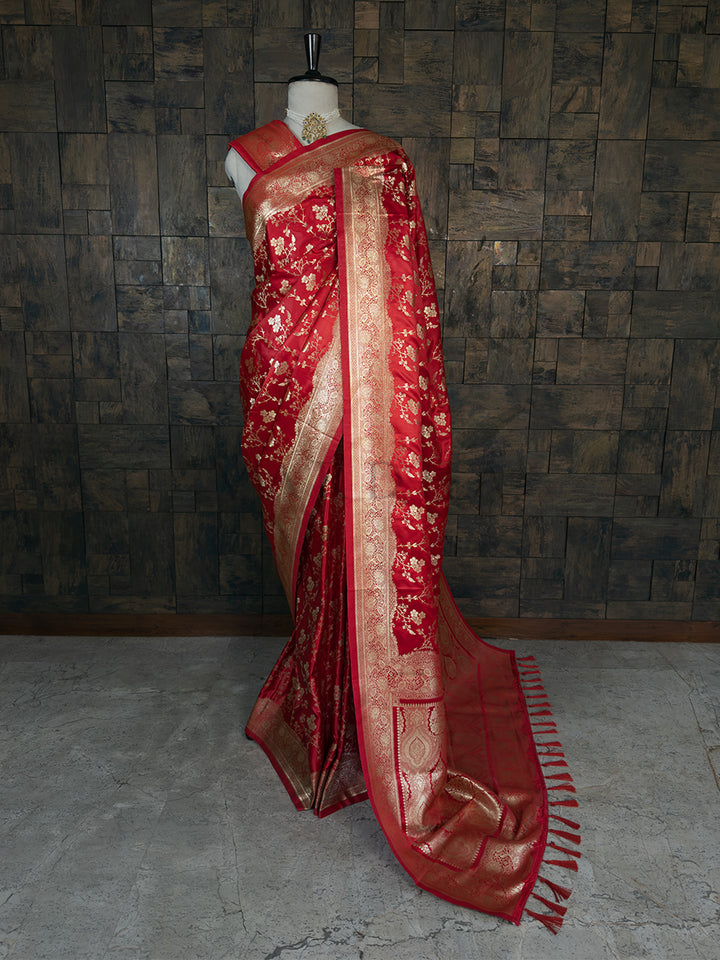 Red Banarasi Satin Silk Saree with Gold Zari