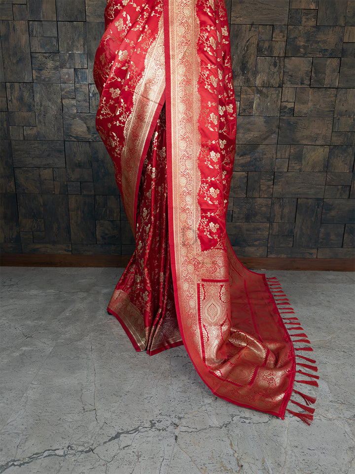 Red Banarasi Satin Silk Saree with Gold Zari