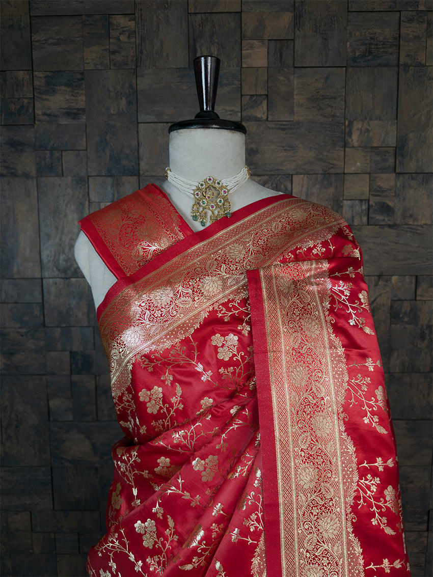 Red Banarasi Satin Silk Saree with Gold Zari House of Vardha