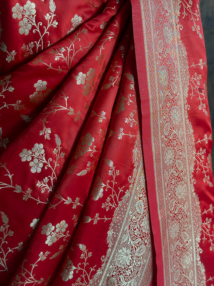 Red Banarasi Satin Silk Saree with Gold Zari