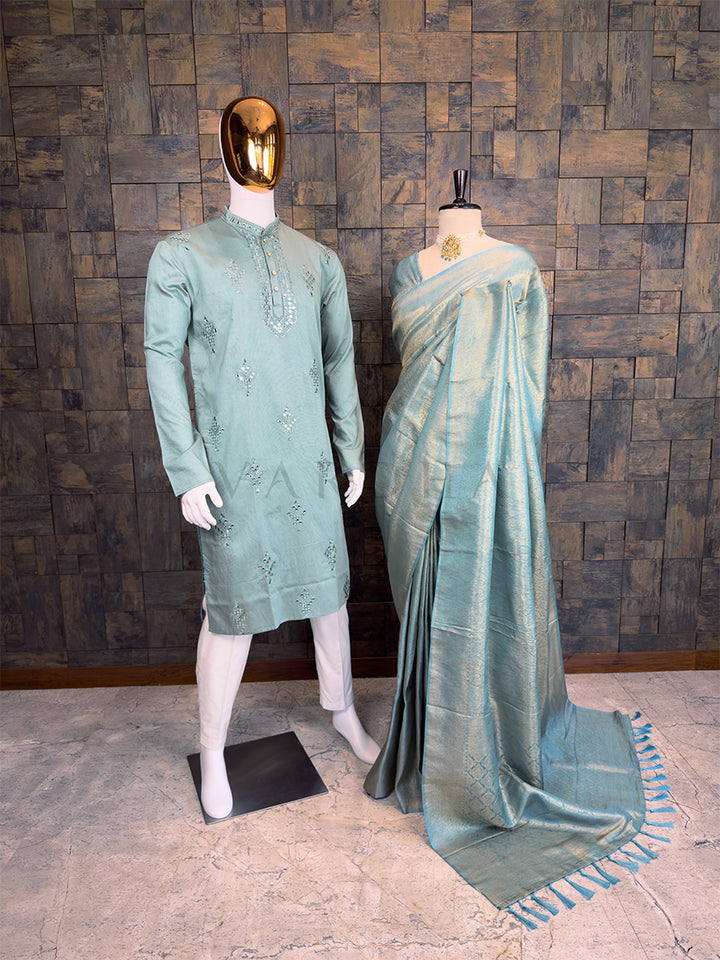 Teal Blue Kanjivaram Silk Golden Zari Saree & Mirror and Thread Work Kurta Couple Set