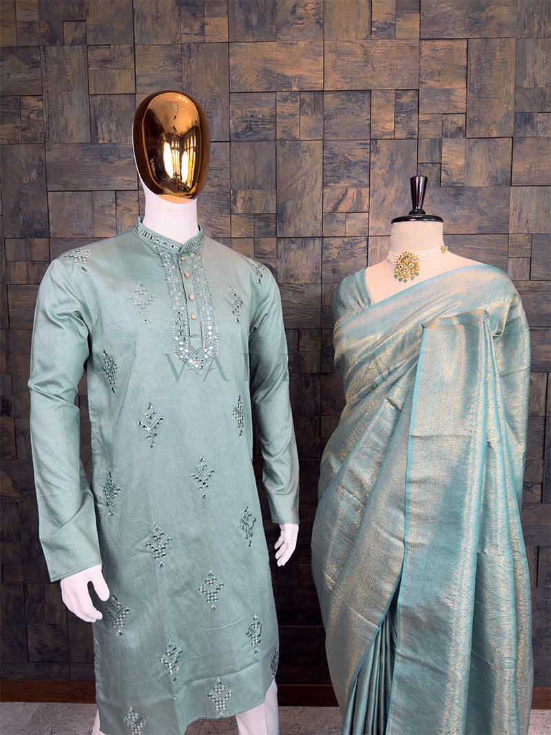 Teal Blue Kanjivaram Silk Golden Zari Saree & Mirror and Thread Work Kurta Couple Set