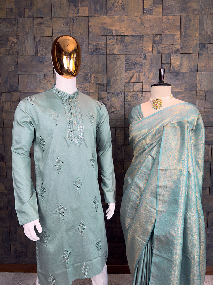 Teal Blue Kanjivaram Silk Golden Zari Saree & Mirror and Thread Work Kurta Couple Set
