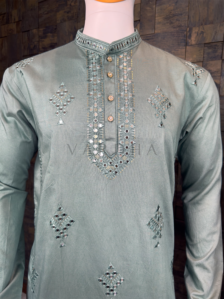 Teal Blue Kanjivaram Silk Golden Zari Saree & Mirror and Thread Work Kurta Couple Set