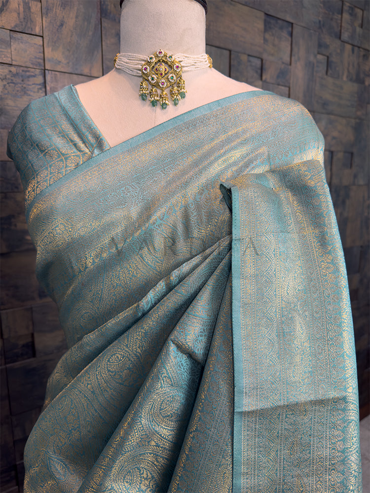 Teal Blue Kanjivaram Silk Golden Zari Saree & Mirror and Thread Work Kurta Couple Set