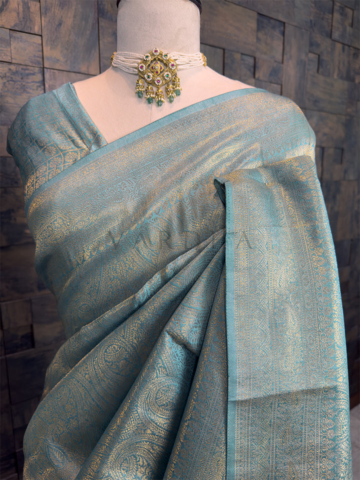 Teal Blue Kanjivaram Silk Golden Zari Saree & Mirror and Thread Work Kurta Couple Set