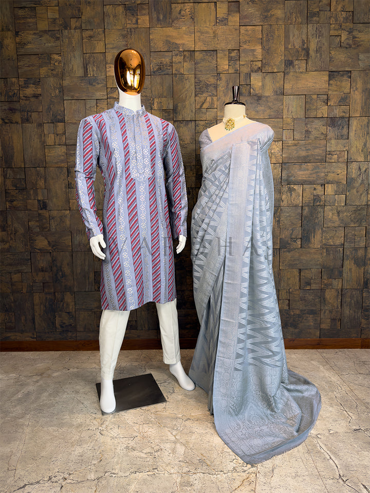 Grey Silver Zari Georgette Saree &amp; Thread Sequins Work Leheriya Kurta Ethnic Couple Set