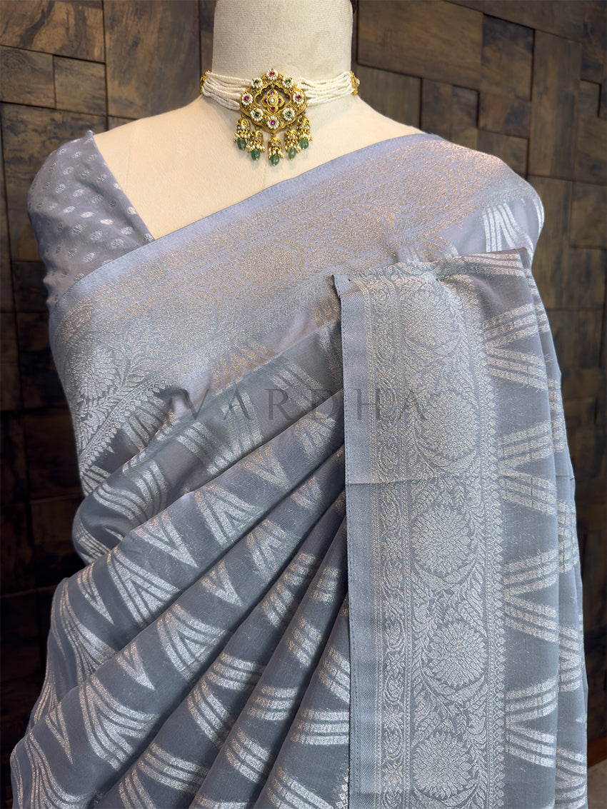 Grey Silver Zari Georgette Saree &amp; Thread Sequins Work Leheriya Kurta Ethnic Couple Set