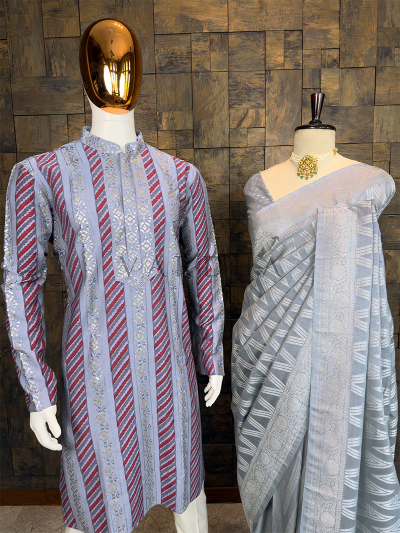 Grey Silver Zari Georgette Saree &amp; Thread Sequins Work Leheriya Kurta Ethnic Couple Set