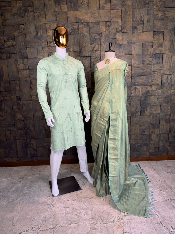 Mint Green Gold Zari Kanjivaram Saree & Mirror Work Kurta Ethnic Couple Set