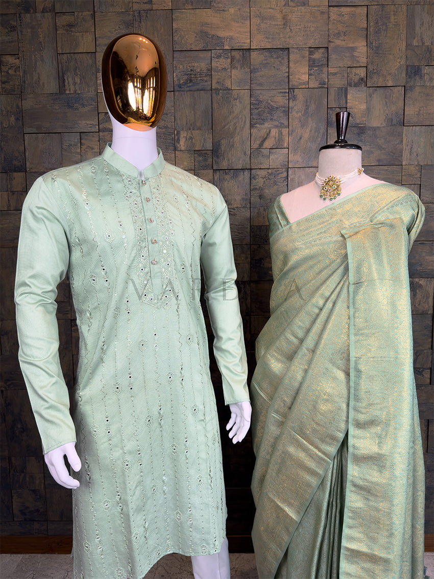 Mint Green Gold Zari Kanjivaram Saree & Mirror Work Kurta Ethnic Couple Set
