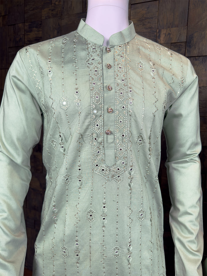 Mint Green Gold Zari Kanjivaram Saree & Mirror Work Kurta Ethnic Couple Set