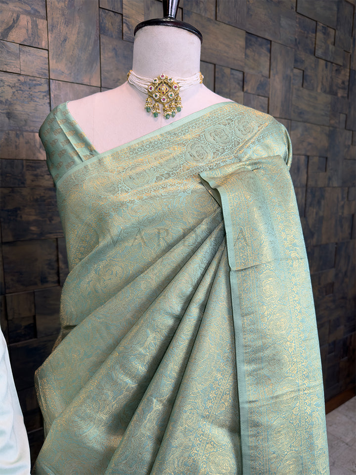 Mint Green Gold Zari Kanjivaram Saree & Mirror Work Kurta Ethnic Couple Set
