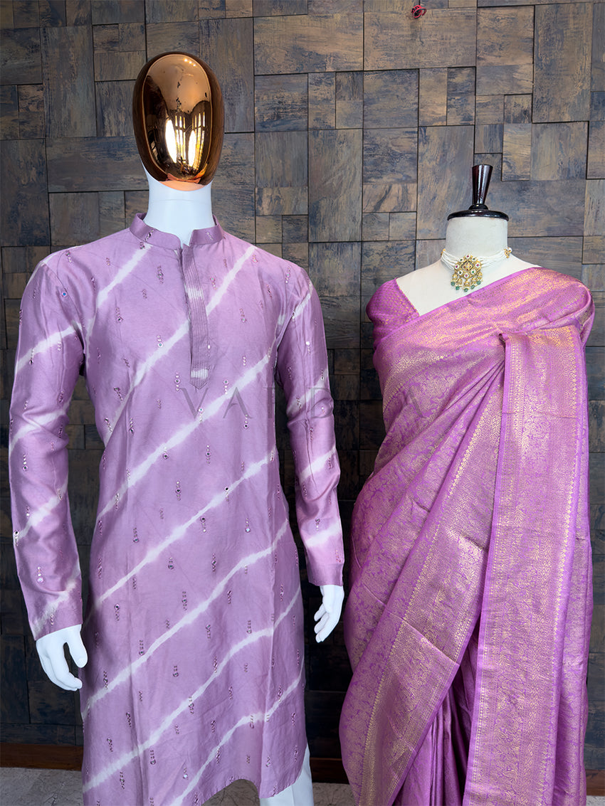 Lilac Gold Zari Kanjivaram Saree & Tie-Dye Sequin Kurta Ethnic Couple Set