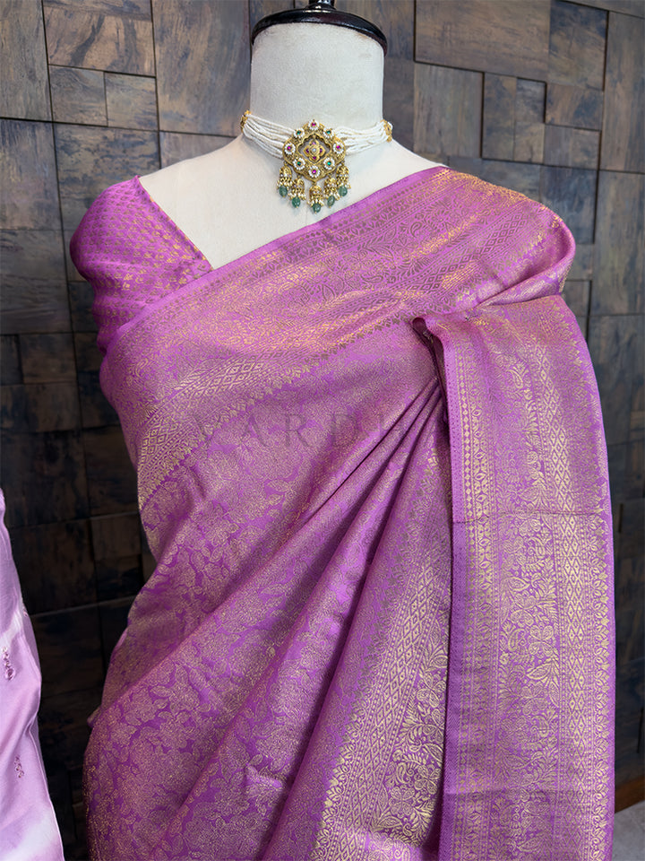 Lilac Gold Zari Kanjivaram Saree & Tie-Dye Sequin Kurta Ethnic Couple Set