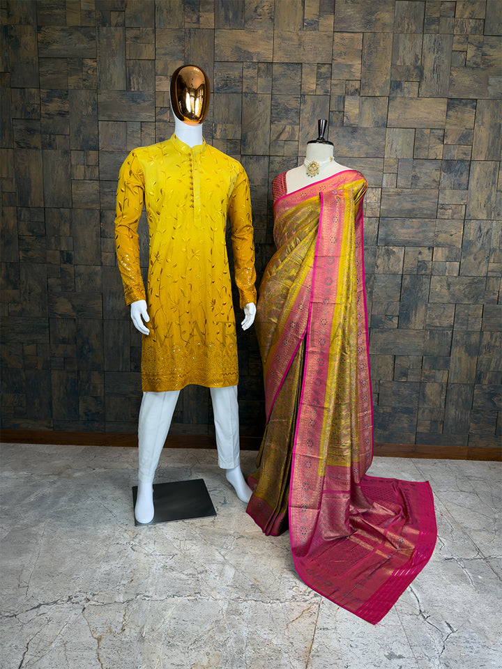 Mustard-Pink Kalamkari Art Silk Saree & Yellow Embroidered Kurta Ethnic Couple Set