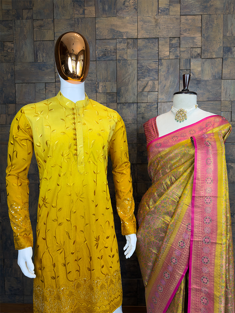 Mustard-Pink Kalamkari Art Silk Saree & Yellow Embroidered Kurta Ethnic Couple Set