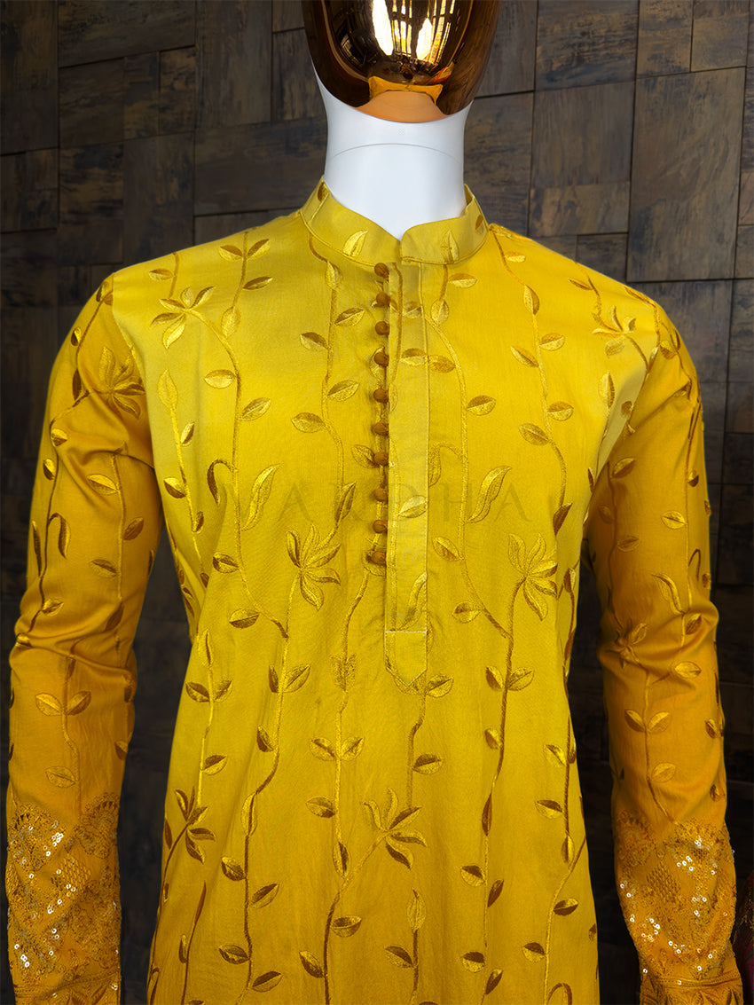 Mustard-Pink Kalamkari Art Silk Saree & Yellow Embroidered Kurta Ethnic Couple Set