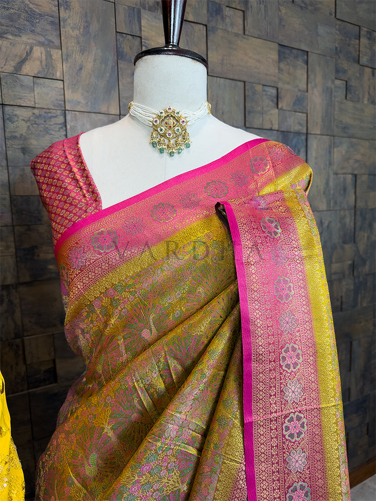Mustard-Pink Kalamkari Art Silk Saree & Yellow Embroidered Kurta Ethnic Couple Set