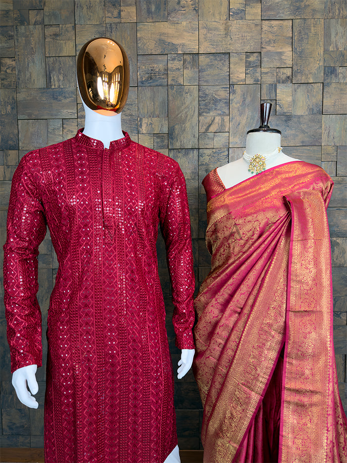 Maroon Golden Zari Kanjivaram Silk Saree & Sequin Kurta Ethnic Couple Set