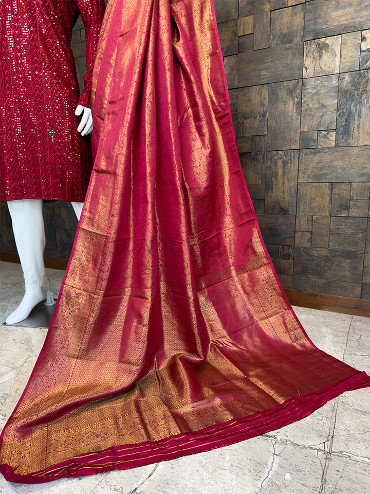 Maroon Golden Zari Kanjivaram Silk Saree & Sequin Kurta Ethnic Couple Set