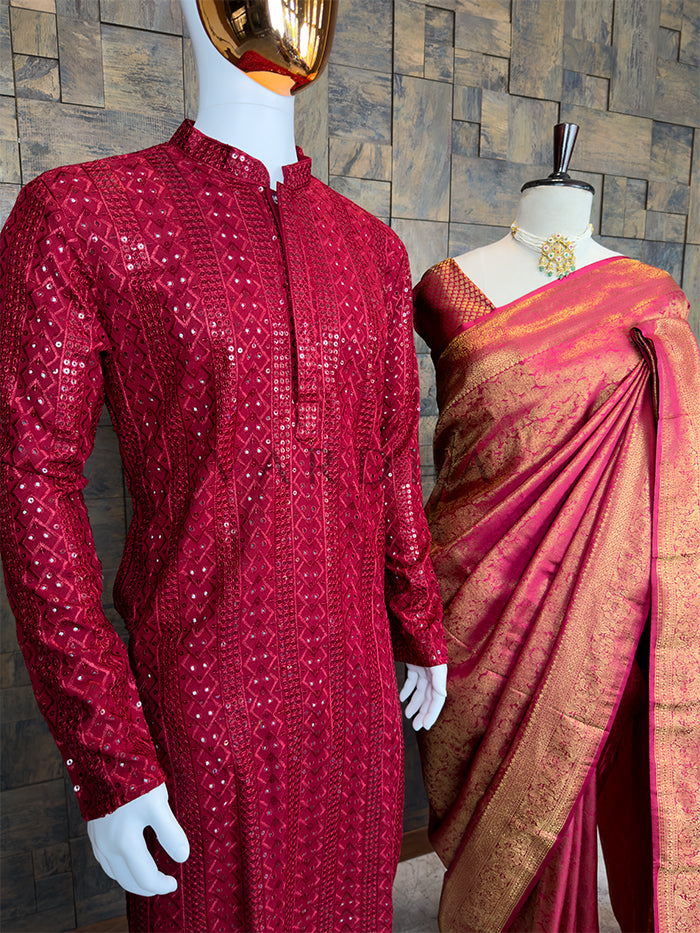 Maroon Golden Zari Kanjivaram Silk Saree & Sequin Kurta Ethnic Couple Set