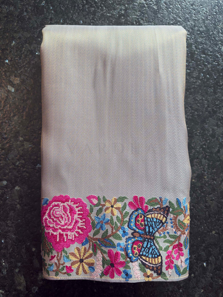 Lavender Grey Tissue Kanjivaram Silk Saree with Parsi Gara Embroidery