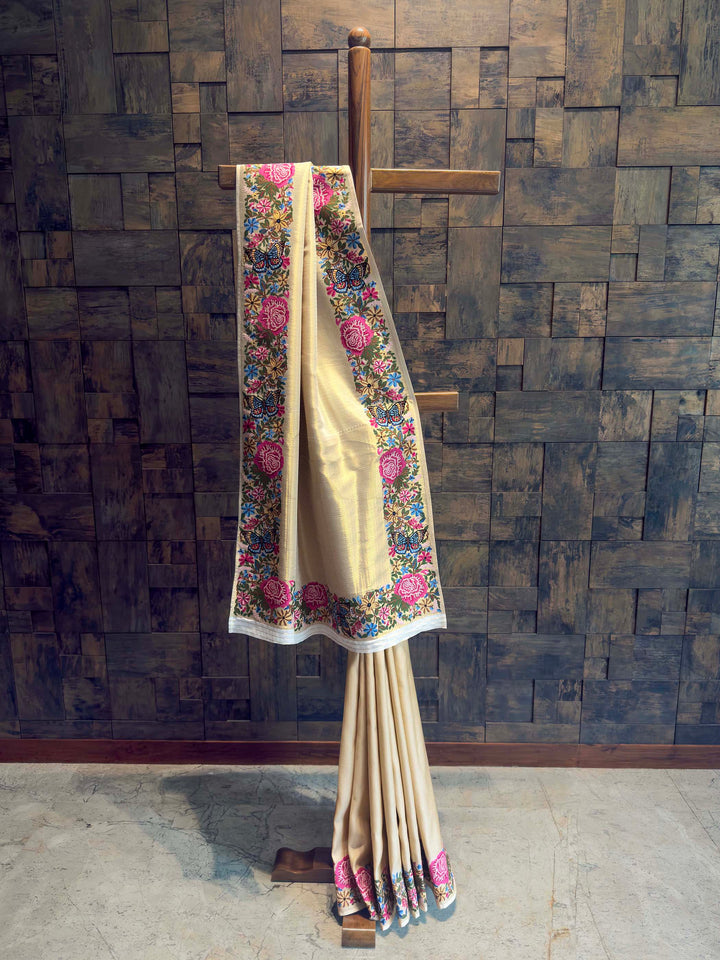 Cream Tissue Kanjivaram Silk Saree with Parsi Gara Embroidery