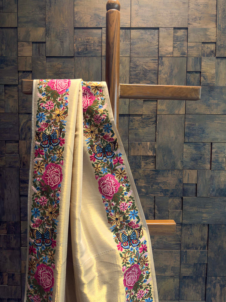 Cream Tissue Kanjivaram Silk Saree with Parsi Gara Embroidery