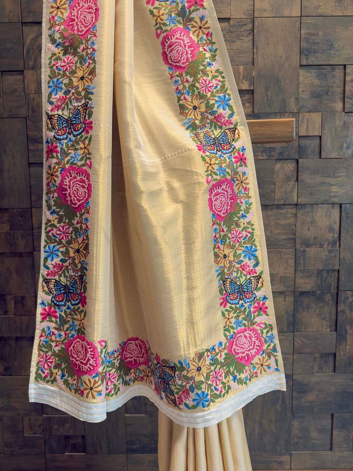 Cream Tissue Kanjivaram Silk Saree with Parsi Gara Embroidery