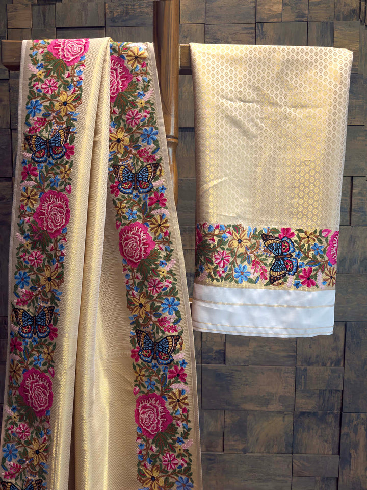 Cream Tissue Kanjivaram Silk Saree with Parsi Gara Embroidery