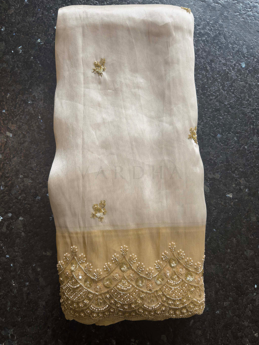 White Tissue Silk Saree with Heavy Hand Zardozi & Pearl Work