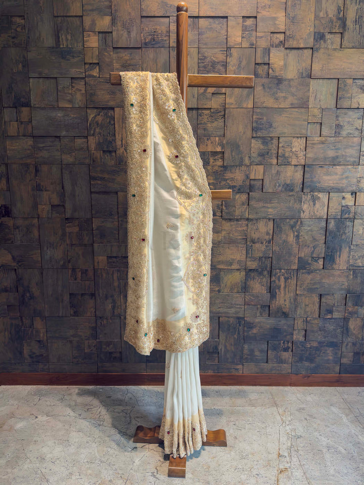 White Tissue Silk Saree with Heavy Hand Zardozi & Stone Work