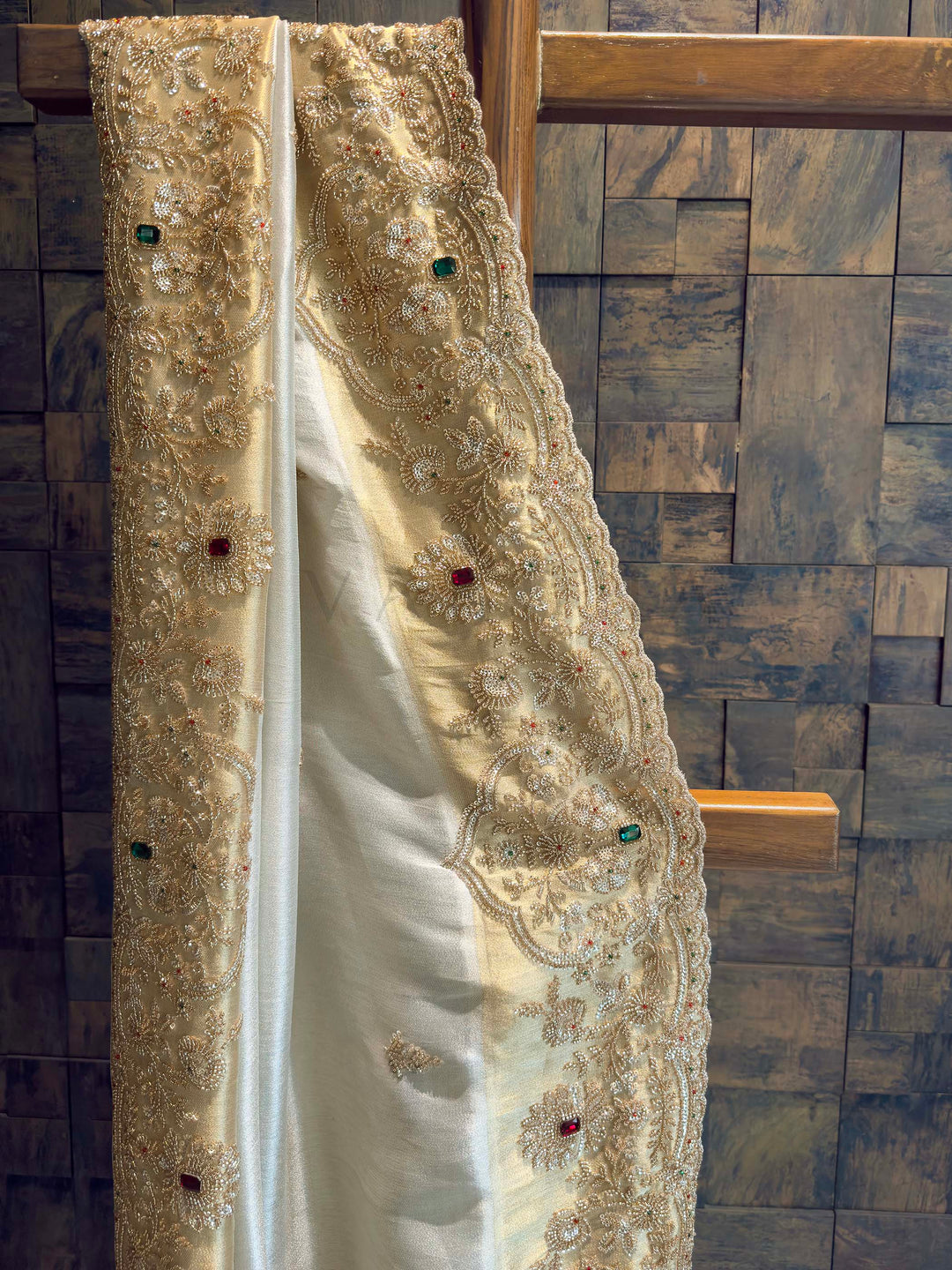 White Tissue Silk Saree with Heavy Hand Zardozi & Stone Work