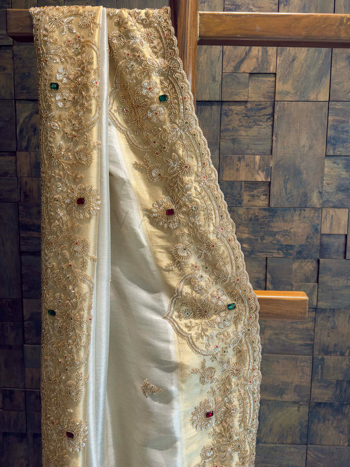 White Tissue Silk Saree with Heavy Hand Zardozi & Stone Work