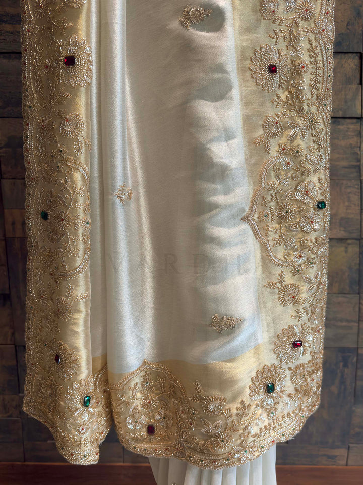 White Tissue Silk Saree with Heavy Hand Zardozi & Stone Work