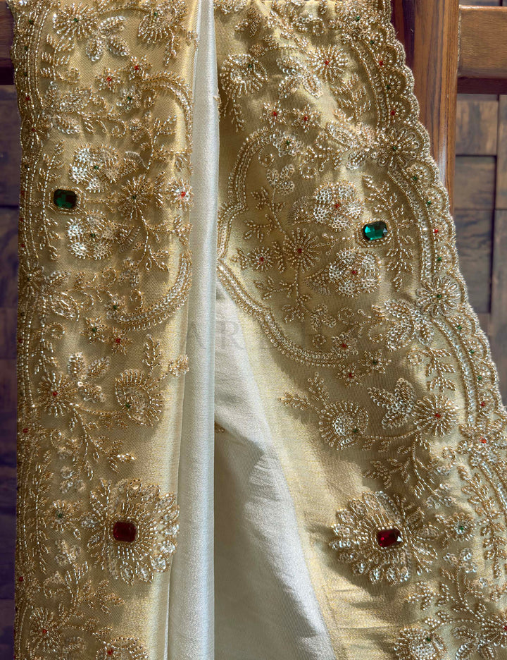White Tissue Silk Saree with Heavy Hand Zardozi & Stone Work
