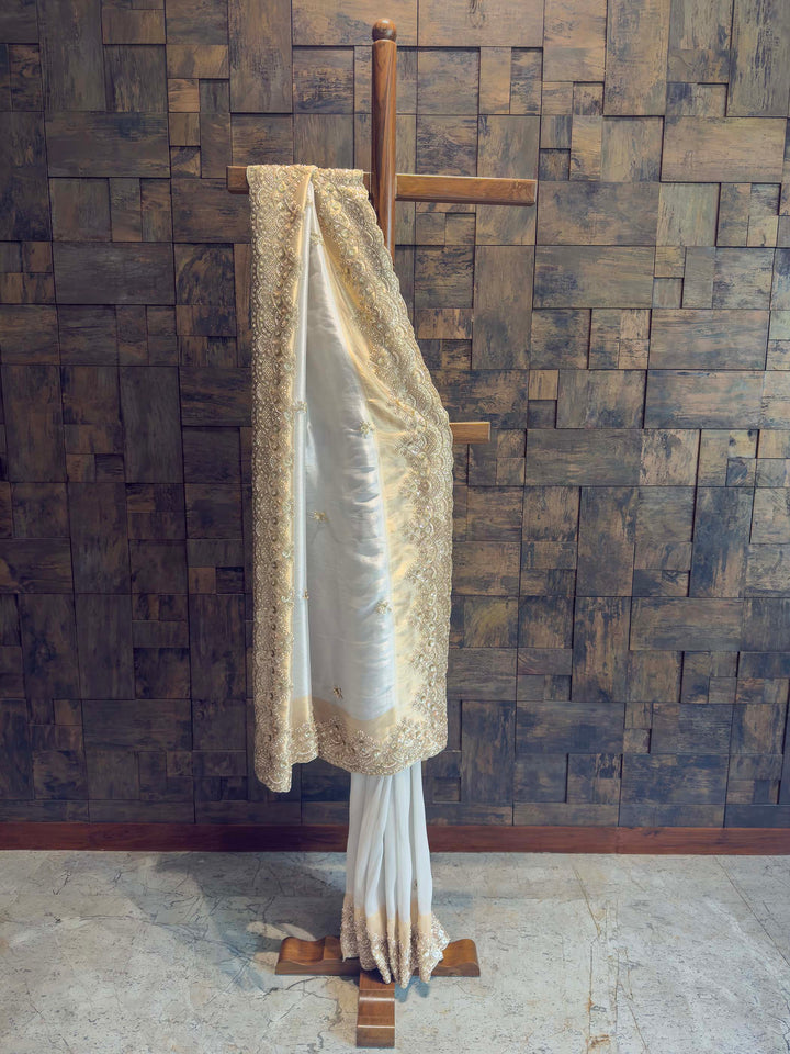 White Tissue Silk Saree with Heavy Hand Zardozi & Pearl Work
