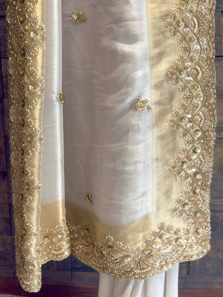 White Tissue Silk Saree with Heavy Hand Zardozi & Pearl Work