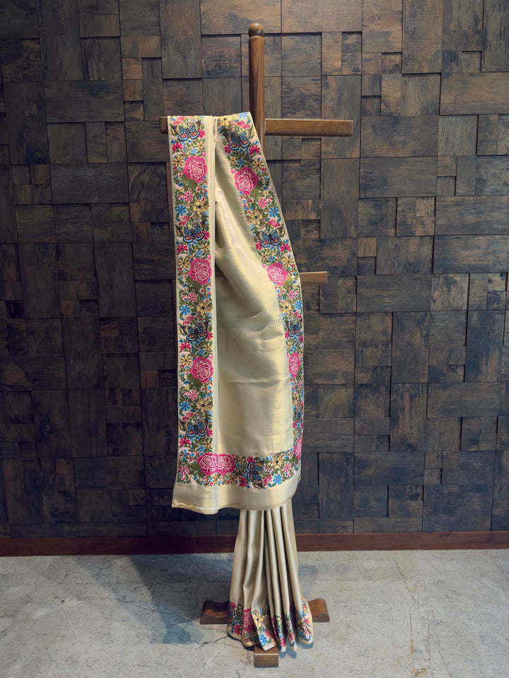 Chikoo Tissue Kanjivaram Silk Saree with Parsi Gara Embroidery